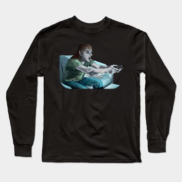 Elf Gamer Playing Video Games Long Sleeve T-Shirt by Helms Art Creations